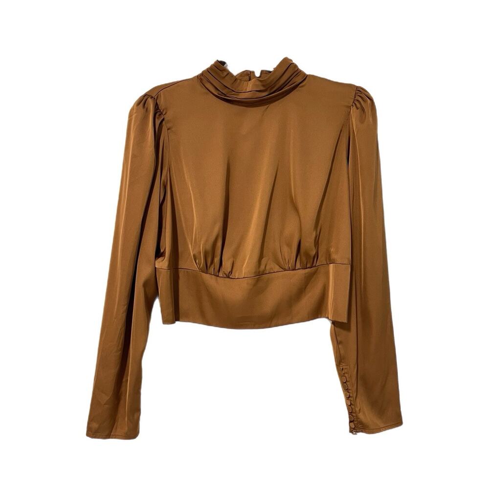 Rachel Zoe Top Womens L Copper Satin Cropped Long Sleeve Mock Neck Elegant